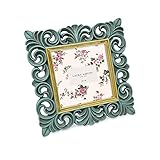 Laura Ashley 4x4 Light Blue w/Gold Vintage Inspired Resin Scroll Design Picture Frame with Thin Border, Horizontal & Vertical for Tabletop and Wall Display, Home D cor (4x4, Light Blue w/Gold)