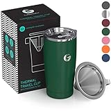 Coffee Gator Insulated Coffee Cup with Paperless Filter, All-in-One Hand Drip Coffee Maker with Filter, Thermal Stainless Steel Travel Cup for Hot Drinks - 585ml / 20oz (Green)