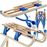 tectake® Foldable Wooden Sledge in Classic Slatted Design, Durable Snow Sledge in Beech Wood with Smooth Steel Runners & Tear-Resistant Tow Rope, Large Sled for up to 2 Children, Incl. Snowball Maker