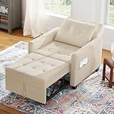 Vesgantti 3 in 1 Sofa Bed Beige, Convertible Sleeper Chair with Adjustable Backrest, Fabric Single Sofa Bed Chair with Side Pockets, Foldable Pull Out Bed for Living Room