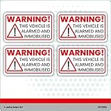 Pack of 4 WARNING THIS VEHICLE IS ALARMED AND IMMOBILISED CAR SAFETY VINYL STICKERS 70mm by 40mm Each