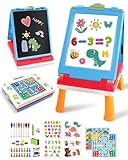Elovien Easel Kids, 4 in 1 Double Sided Toddler Art Easel with Chalkboard & Magnetic Whiteboard, Foldable Kids Tabletop Easel with Drawing & Writing Accessories - Gift for Boys and Girls (Blue)