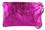 Girly Handbags Womens Genuine Italian Metallic Leather Clutch Bag (Fuchsia)