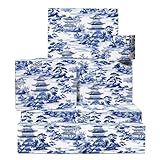 Blue And White Wrapping Paper - 6 Sheets Of Birthday Gift Wrap - Traditional Japanese Landscape Design - For Men Women - Comes With Stickers - By Central 23