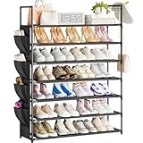 OYREL Shoe Rack 7 Tier 28-35 Pairs Shoes, Shoe Storage Organizer Large with Side Hook Space Saving for Closet, Entryway, Garage, Bedroom Non-Woven Shoe Rack Shelf Black