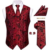 YourTies Black Red Waistcoat for Men Silk Jacquard Paisley Vest Necktie Pocket Square Cufflinks Party Wedding Formal