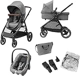 Maxi-Cosi Zelia S Trio 3-in-1 Prams Travel System, 0 - 4 Years, Up to 22 kg, Foldable, Compact and Reclining Baby Pushchair, with CabrioFix S i-Size Baby Car Seat, Accessories, Nursery Bag, Grey