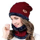 HIDARLING Warm Knitted Hat and Circle Scarf Skiing Hat with Fleece Liner Outdoor Sports Hat Sets for Men & Women (Red Wine)(Size: M)