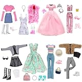 28 Pcs Clothes and Accessories 8 set Stylish Clothes Princess Gown Dress Outfits 8 Pair of Shoes 12 Accessories Bag Hat Glasses Crowns Jewelries 11.5 Inch Doll Gifts for Girls