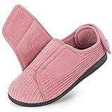 HomeTop Women's Corduroy Slippers Comfy Adjustable Hook and Loop Memory Foam Indoor Closed-back House Shoes for Diabetic Swollen Feet Pink, 6 UK