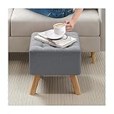 INMOZATA 40 cm Upholstered Footstool Square Linen Stool with Padded Seat Pine Wood Legs Pouffe Stool Change Shoe Footrest for Living Room Bedroom (Grey)