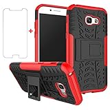 Phone Case for Samsung Galaxy A5 2017 with Tempered Glass Screen Protector and Stand Kickstand Hard Rugged Hybrid Accessories Heavy Duty Shockproof A52017 A520F Samsunga5 5A 5 galaxya5 A5case Red