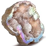 Kalifano Angel Aura Quartz Geode - Titanium Bonded High Energy Crystal Gem Cluster/Druzy with Information Card - Natural Reiki Rock Used for Clarity and Purpose (Family Owned and Operated)