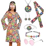 Matreeglam Women's Colorful Hippie Dress Costume Set with Accessories for 60s 70s Party, Carnival, Halloween, Prom (Colorful, 2XL)