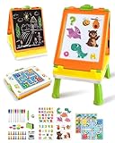Elovien Kids Easel, 4 in 1 Double Sided Toddler Art Easel with Chalkboard & Magnetic Whiteboard, Foldable Tabletop Easel with Drawing & Writing Accessories - Educational Toy for Boys Girls (Orange)