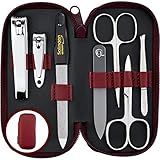 Solingen Manicure Set for Women & Men - 7-Piece Nail Kit Made in Germany with Patented Glass Nailfile - Handy and Soft Real Leather Case, Red