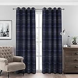 always4u 100% Blackout Curtains Check Eyelet Bedroom Tartan Curtain Plaid Brushed Cheque Pair of Highland Woolen Look Window Treatment for Living Room Navy Blue 46 * 54 Inches