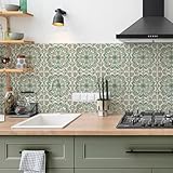 mefound 25Pcs Tile Sticker Vintage Green Moroccan Self Adhesive Tiles Transfer Sticker for Bathroom Kitchen, Peel and Stick DIY Splashback for Cooker Adhesive Vinyl Wall Decoration15cm/6inch