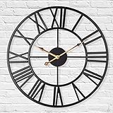 LENAUQ Silent Metal Skeleton Wall Clock, 40cm European Farmhouse Vintage Clock with Roman Numeral, Non-Ticking Battery Operated Hanging Wall Clock for Home Kitchen Cafe Hotel Office Decor(Black)