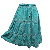 Doorwaytofashion Womens Knee Length Cotton Skirt Boho Festival Tiered Crochet Lace Embroidered Adjustable Waist Lined One Size 8 10 12 14 16 (UK, Alpha, One Size, Regular, Regular, Jade)