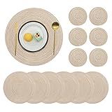 Pauwer Woven Table Placemats and Coaster sets 6, Round Cotton Dinner Table Mats Anti Slip Heat Resistant Place Mats Easy Clean