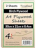 4mm Birch Plywood A4-300x210x 4mm - (Pack of 2) - Laserable Low Fume E1 Glue Ply...