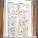 Tivleed Stained Glass Window Film, Vintage Floral Static Cling for Home Door Privacy, Rainbow Effect Decorative Film, 30x200cm