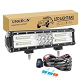 RIGIDON 12 inch 180W driving led work light bar with 12v wiring harness cable kit, Tri row fog lamp for Off road Truck SUV ATV 4x4 Boat, Flood Spot Combo Beam, Waterproof Driving Lamp, 6000K White