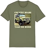Corporate Togs Country Roads Take Me Home Funny T-Shirt - Land 4x4 Rover Off-Roader, Regular Fit Tee, 100% Cotton T-Shirt, Short Sleeve, Printed Round Neck Tee | Graphic Apparel Olive Green