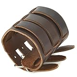 HZMAN Mens Leather Wide Triple Straps Wrap Gauntlet Wristband Bracelet Buckle Fastening Arm Armor Cuff Bracelet (Brown)