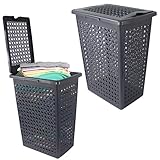 48L Grey Plastic Slimline Bathroom Washing Basket Laundry Linen Hamper Storage Clothes Bin Hinged Lid Rattan Style