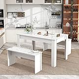 Merax Dining Table with 2 Benches | Artificial Marble Dining Table Set for Kitchen Dining Room Small Space | White