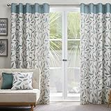 Fusion Duck Egg Blue Leaf Curtains W46 x L54 (117x137cm) – 100% Cotton – 2 Panels – Eyelet – Blue Floral Bedroom & Living Room Drapes – Beechwood Collection