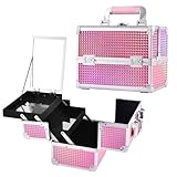 Joligrace Makeup Box Vanity Case Cosmetic Organiser Box Beauty Storage Train Case with Mirror, Lockable with Keys, Holographic Pink