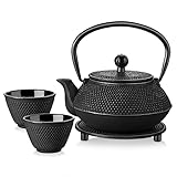 Velaze Iron Teapot set, Traditional Japanese Tetsubin Tea Kettle Cast Iron Teapot with Stainless Steel Infuser, Antique Small Dot Design, 2 Iron Cups and Trivet Stand Tray, 700ML/ 24OZ