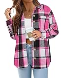 Zeagoo Women's Flannel Shirt Oversized Checked Blouse with Pocket Long Sleeve Collar Button-Down Top Ladies Shacket Pink M