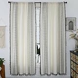 USTIDE Cotton Semi-Blackout Curtains 150x160cm, Black and White Boho Farmhouse Geometric Pattern with Tassels, Tribal Ethnic Design for Bedroom & Living Room, 2 Panels