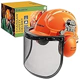 BLOSTM Chainsaw Safety Helmet with Visor - Professional-Grade, Impact-Resistant Hard Hat with Ear Defenders, Built-In Protective Earmuffs & Steel Mesh Visor (Orange)