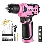 DEKOPRO 8V Cordless Drill Set, 3/8" Keyless Chuck, 42pcs Accessories, Built-in LED, Type-C Charge, Pink Power Drill for Drilling and Screws