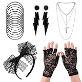 GMHLLES 80's Accessories for Women,80s Fancy Dress Accessories,Included 1 Pair Bracelets,1 Pair Gloves,1 Cross Necklace,1 Pair Earrings and 1 Headband for Carnivals,Halloween (Black)