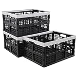 Ikando 3 Packs 30 L Black Foldable Crate, Plastic Collapsible Storage Box, Stack Folding Crates Basket