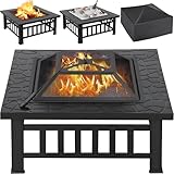 Yaheetech Outdoor Fire Pit 81cm Square Fire pits 3-in-1 Heat-resistant Metal Garden Stove for Barbecue, Heating, Cooling Drinks with Cover & Poker, Black