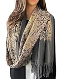 Women Pashmina Scarf Shawl Wrap - Large Long Paisley Floral Rainbow Ladies Scarves, Wearable Blanket Scarf, Womens Winter Scarfs, Indian Shawl Wedding Evening Stole, Cashmere (Grey Gold Paisley)