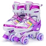 Kids Roller Skates for Girls Boys Adjustable, 8 Light Up Wheels Quad Skates for Girls Boys Toddler Beginners Indoor and Outdoor Fun. (Purple, UK 11-1)