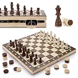 GGIE Chess Set with Checkers 2 in 1 | 15" Magnetic Wooden Chess Board for Adults Kids | Folding Travel Chess Set with Storage Bag | 2 Extral Queens | Gift Toys for Boys Girls