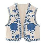 Siyova Women Vest Sleeveless Vintage Cardigan Floral Embroidered Open Front Crop Top Summer Boho Retro Waistcoat Women Gilet Casual Street (Blue, L)
