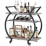 LVB Drinks Trolley on Wheels, Bar Cart with Wine Rack, Kitchen Coffee Cart, Industrial Wood and Metal Liquor Wine Cart for Home, Rustic Modern Mobile Rolling Serving Cart with Shelves, Light Grey Oak