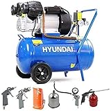 Hyundai 50 Litre Portable Air Compressor, 2.2kW, 116psi/14CFM, 3HP Air Compressor, Direct Drive V-Twin with 5 Piece Tool kit, Euro Quick Release Fittings, 2 Year Warranty Blue