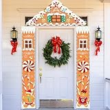 Christmas Gingerbread House Decorations,Gingerbread House Door Banner Gingerbread Man Photo Booth Props,Large Xmas Santa Candy Photography Backdrop,for Halloween Merry Xmas New Year Party Door Decor