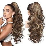 Brikabia Ponytail Extension, 24" Claw Clip in Ponytail Extensions Long Curly Wavy Ponytail Hair Extension Jaw Clip on Pony Tails Natural Hairpiece for Women, Chestnut Brown with Golden Highlights